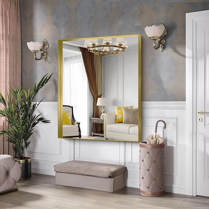 CIRCUMI Gold Bathroom Mirror, 40"x48" Rectangular Mirror with Deep Metal Frame, Brushed Finish, Tempered Glass, Large Mirror for Wall, Over 2 Sinks, Installed Vertically/Horizontally, Crystal-Clear