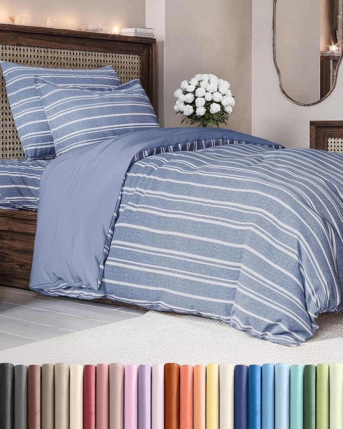 Duvet Cover Twin/Twin XL Size - Extra Soft Twin/Twin XL Size Duvet Cover - Lightweight, Breathable & Cozy w/Zipper Closures and Ties - 68" x 90" Inches - (Blue Stripes 3) Comforter Not Included