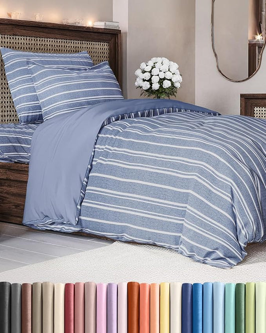 Duvet Cover Twin/Twin XL Size - Extra Soft Twin/Twin XL Size Duvet Cover - Lightweight, Breathable & Cozy w/Zipper Closures and Ties - 68" x 90" Inches - (Blue Stripes 3) Comforter Not Included