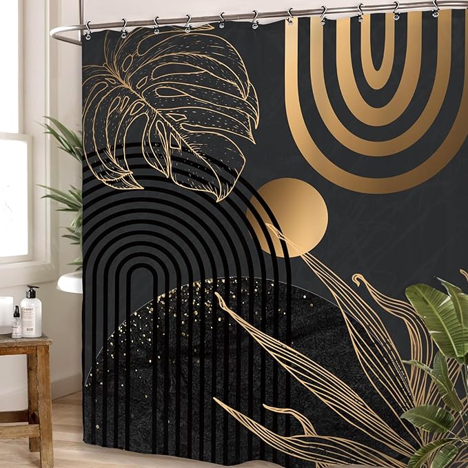 Yookeb Abstract Black Gold Minimalist Bathroom Shower Curtain 60W by 71H Inch Aesthetic Modern Contemporary Leaves Mid Century Neutral 12 Plastic Hooks Waterproof Decor
