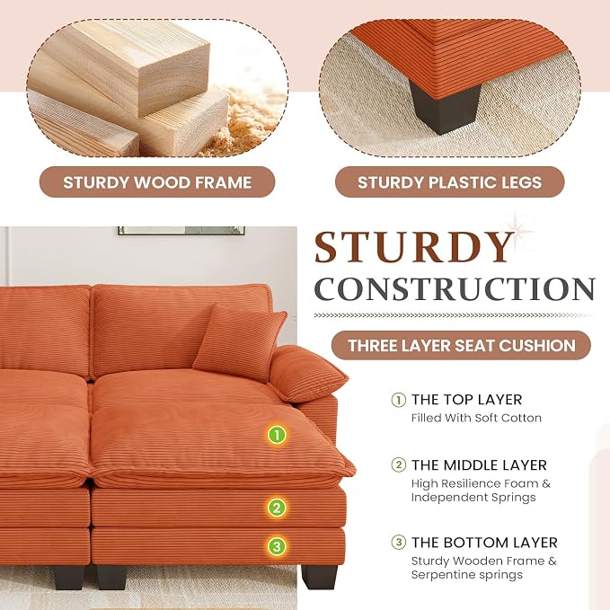 Modular Sectional Sofa Cloud Couch, Comfy Corduroy Loveseat with Ottoman Upholstered Deep Seat Sleeper Sofa Bed 2 Seater Couch Oversized Chaise Lounge Chair Indoor for Living Room Bedroom, Orange