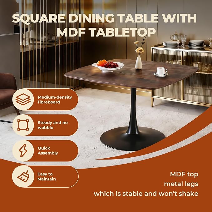 42 Inch Walnut Square Dining Table for 4-6 Person,Mid-Century Brown Tulip Table Kitchen Dining Table with MDF Tabletop and Pedestal Base for Home Kitchen
