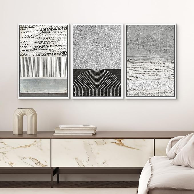 SIGNWIN Framed Canvas Print Wall Art Set Industrial Black & Gray Collage Abstract Geometric Illustrations Minimalism Modern Art Decorative Boho for Living Room, Bedroom, Office - 16"x24"x3 White