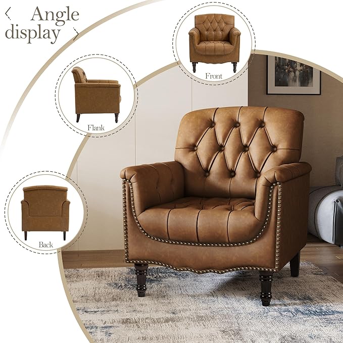 Pia Ricco Modern Tufted Accent Chair, Single Faux Leather Armchair with Nailhead Trim & Wood Legs, Comfortable Upholstered Seat for Living Room, Office - Camel