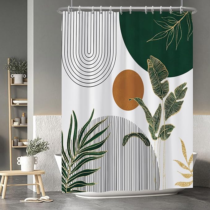 Baocicoo Boho Mid Century Shower Curtain Abstract Sun Green Banana Leaves Curve Aesthetic Shower Curtain for Bathroom Cubicle Living Room Waterproof Curtain for Bathroom with Hooks 72x96 Inches