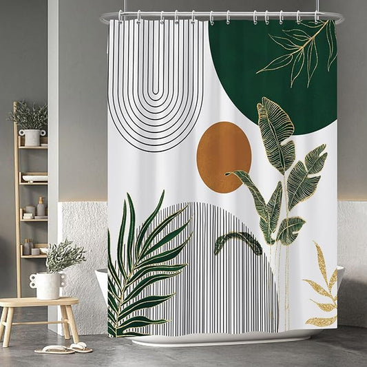 Baocicoo Boho Mid Century Shower Curtain Abstract Sun Green Banana Leaves Curve Aesthetic Shower Curtain for Bathroom Cubicle Living Room Waterproof Curtain for Bathroom with Hooks 72x96 Inches