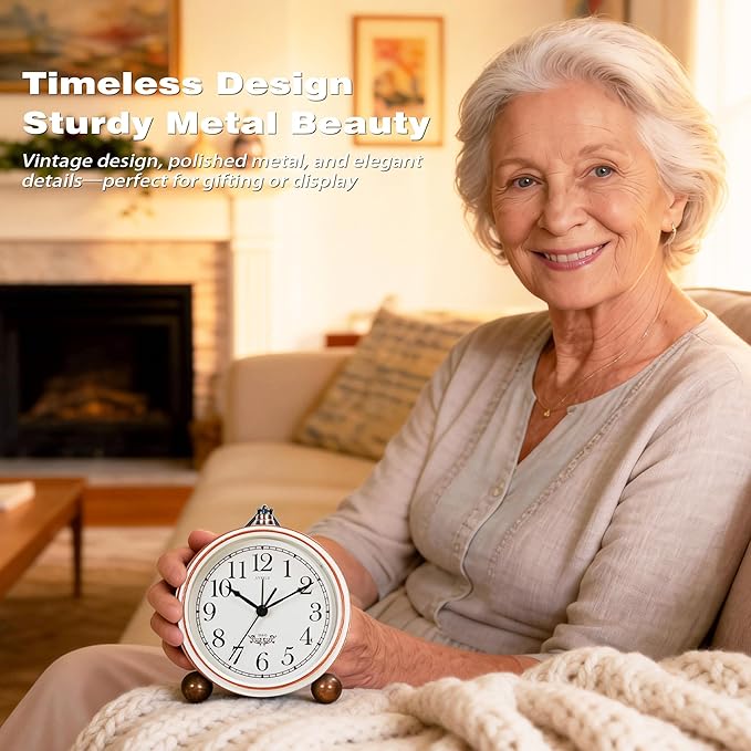 AYRELY® 5.3" Vintage Analog Alarm Clock, Battery Operated Metal Desk Clock, Retro Table Clock with Light for Living Rooms, Bedrooms, Shelf, Home Decor (White)
