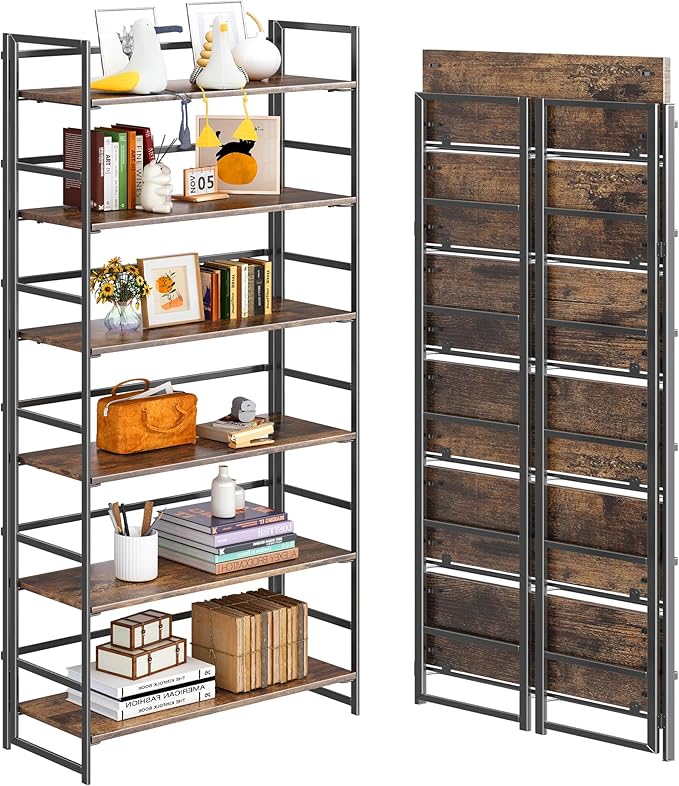 4NM No Assembly 6 Tiers Collapsible Book Shelves, 61.8" H Folding Bookshelf Bookcase Open Industrial Foldable Shelves for Bedroom, Living Room, Home Office - Rustic Brown Black