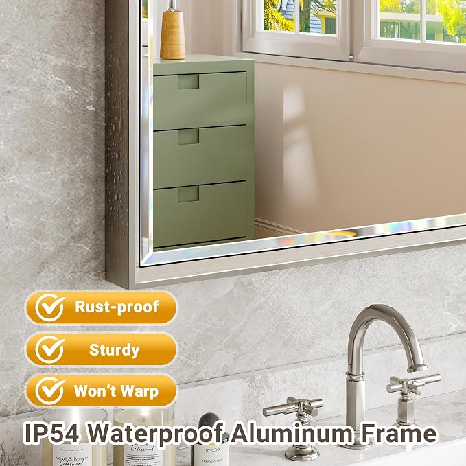 40 x 30 Brushed Nickel Bathroom Mirror, Beveled Framed Rectangle With Anti-Rust Frame, Shatterproof, Vertical/Horizontal Wall-Mounted