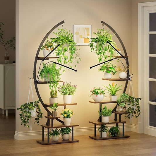 GREENSTELL Plant Stand Indoor with Grow Lights, 7-Tiered Tall Metal Plant Stand for Indoor Plants, Half-Moon Shape Display Shelf for Home,Living Room, Patio, Dark Brown (2 Pack)