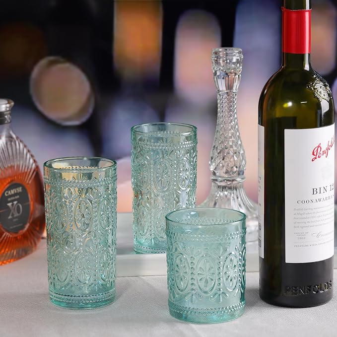 Darlion 6 Pack Highball Embossed Beverage Glass Cup, 12oz Green Glassware Drinking, Vintage Drinking Glasses, Colored Water Glasses for Party Wedding Home Office and Gift