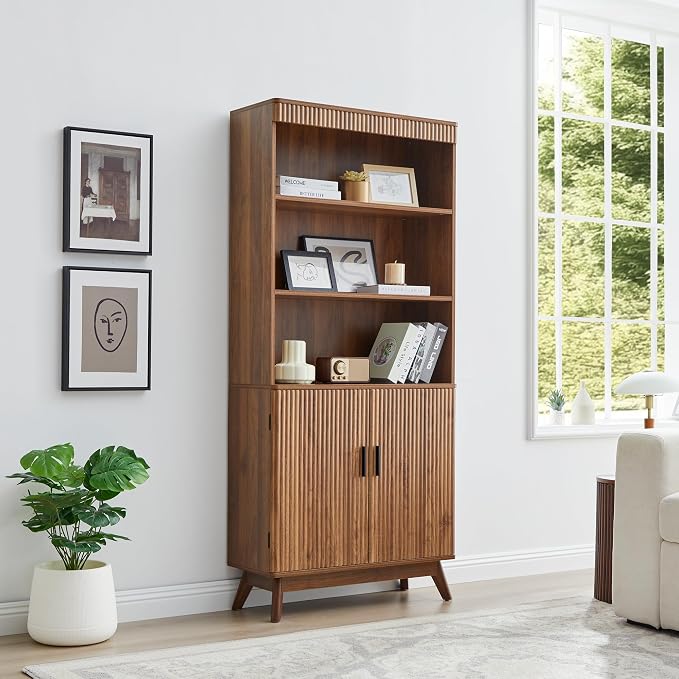 68" Fluted Tall Bookcase with Storage Cabinet,Mid-Century Modern 5-Tiers Arched Bookshelf Cabinet with Doors, Arched Bookcase with Open Display Storage Shelf for Home Office Bedroom Living Room,Walnut