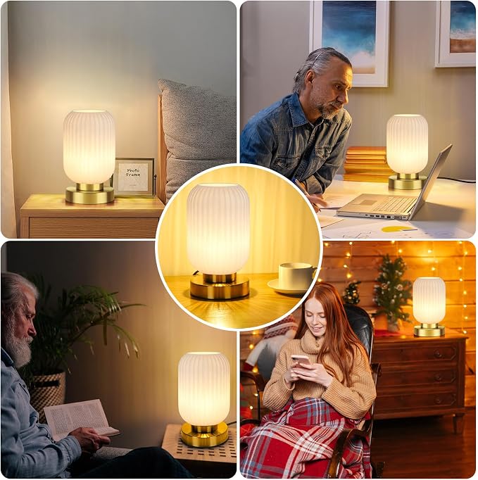 Mid Century Modern Table Lamp with Milk White Ribbed Glass Shade,Touch Control & 3 Way Dimmable, Small Gold, Vintage Bedside Lamp for Bedroom, Living Room,Office (Bulb Included)