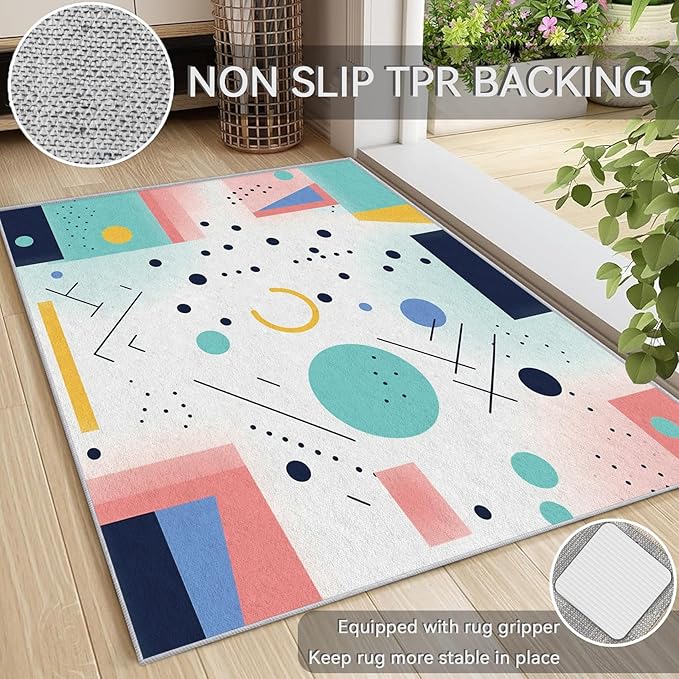 50s Rugs for Living Room 7x7, Mid Century Retro Geometric Abstract Modern Colorful Pattern Design Area Rug, 50s Bedroom Decor Carpet, Non Slip, Washable (RG689)