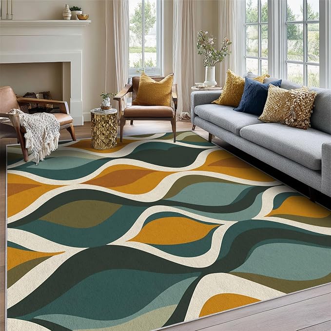 Mid Century Rug 6x9 Washable, 60s 70s Retro Wave Modern Abstract Area Rugs for Living Room 6 x 9, Non Slip Indoor Floor Carpet, Mid Century Bedroom Home Decor 5683T