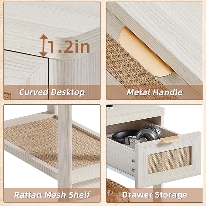 Lerliuo Narrow Night Stand Set of 2 with Charging Station, Boho Nightstand with Drawer, Bed Side End Table with Rattan Shelf for Small Spaces, Wood Nightstands Bedside Tables for Living Room Bedroom