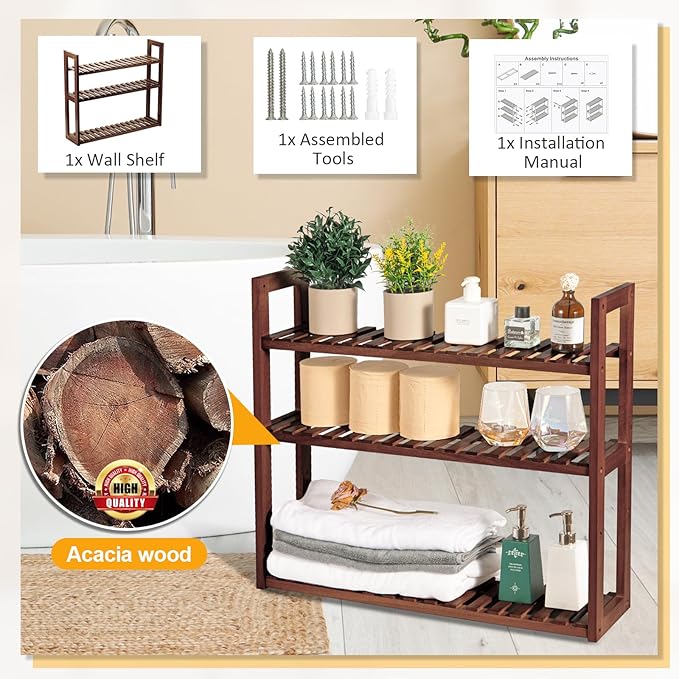 Wood Bathroom Shelf, 3-Tier Adjustable Shoes Rack&Plants Rack, Wall-Mounted or Stand for Living Room (Walnut)
