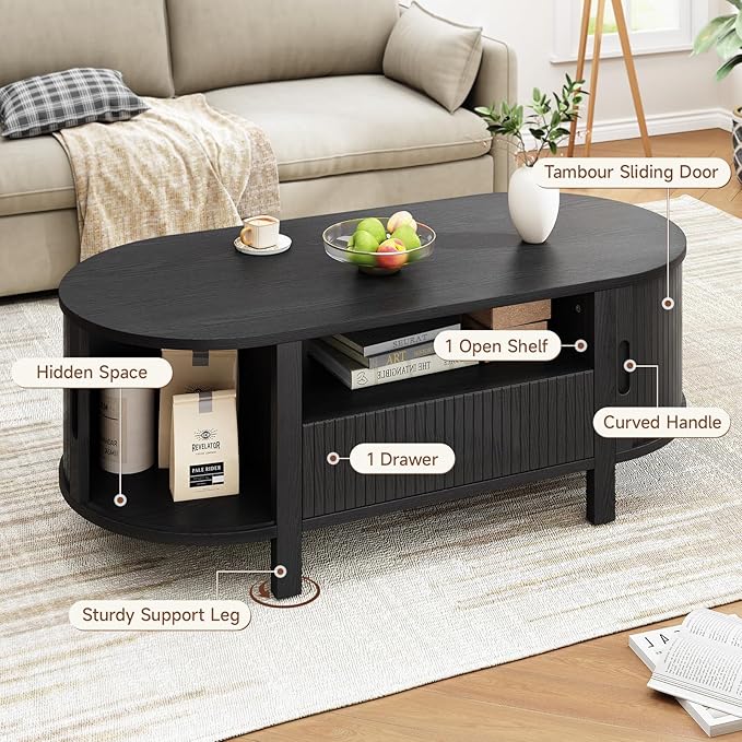 ONBRILL 47.2 Inch Oval Coffee Table with Storage, Mid Century Modern Coffee Table with Drawer, Center Table with Sliding Door and Wood Fluted Handle for Living Room, Black