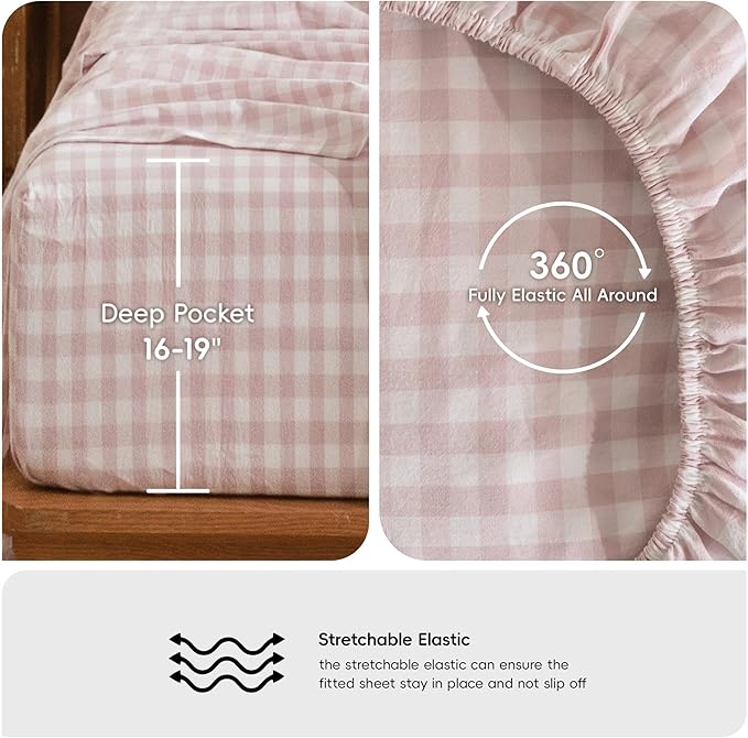 MooMee Gingham Sheet Set 100% Washed Cotton Linen Like Textured Breathable Soft w/Fully Elasticized 16-19" Deep Pocket (Classic Gingham Greyish Pink, Queen)