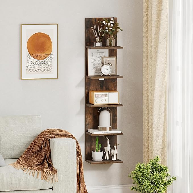 Giantex 5 Tier Wall Shelf Unit Set of 2, Narrow Vertical Floating Shelves for Home Decoration and Storage Organizer, Lack Wall Shelf, Wall Mounted Display Shelves for Bedroom, Living Room,Rustic Brown