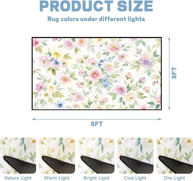 Watercolor Floral Rug 3'x5' Soft Pastel Botanical Area Rug for Entryway Bedroom Living Room Nursery Kitchen Playroom Home Decor Low Pile Non-Slip Washable Carpet