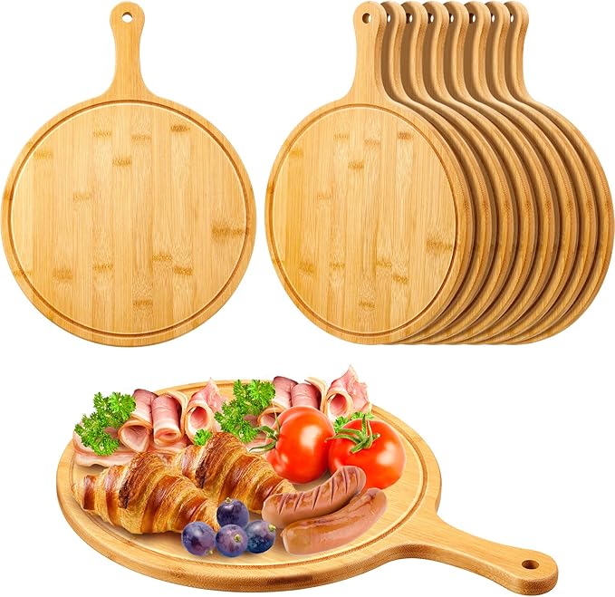 Nuenen 10 Pcs Round Wood Cutting Board with Handle Bamboo Wooden Serving Kitchen Chopping Boards for Pizza, Bread, Cheese, Charcuterie, Fruit, Vegetables(Bamboo)