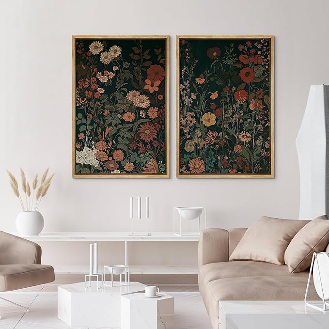 IDEA4WALL Framed Canvas Print Wall Art Set Vintage Wildflower Botanical Dark Green Floral Illustrations Modern Art Decorative Bohemian Calm/Zen for Living Room, Bedroom, Office - 16"x24"x2 Natural