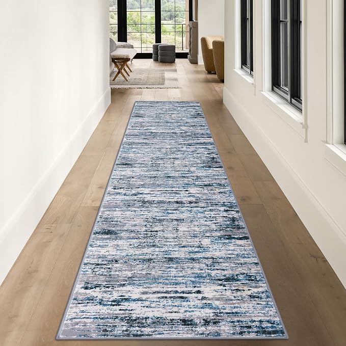 Lansny Modern Abstract Runner Rug 3x10, Grey Blue White Washable Kitchen Runner Non-Slip Soft Hallway Rug Runner Thin Print Faux Wool Carpet for Entryway Bedroom Laundry Room Indoor Home Office Decor