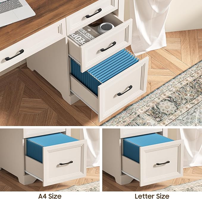 Vabches Farmhouse Executive Desk with 4 Drawers and Storage Cabinet, Rustic Large Home Writing Desk with Hutch, Workstation for Bedroom, White