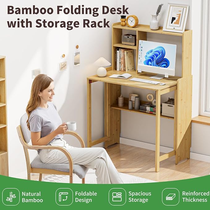 Bamboo Folding Desk for Small Spaces with Storage, Mid Century Foldable Desk with Bookshelf, Small Desks with Storage for Home Office Bedroom, Natural
