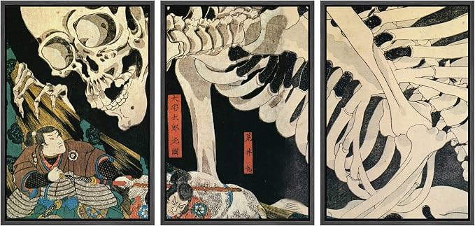 wall26 Framed Wall Art Print Set Witch & Skeleton Ukiyo-E by Utagawa Takiyasha Historic Cultural Illustrations Fine Art Chic Scenic Multicolor for Living Room, Bedroom, Office - 16"x24"x3 Black