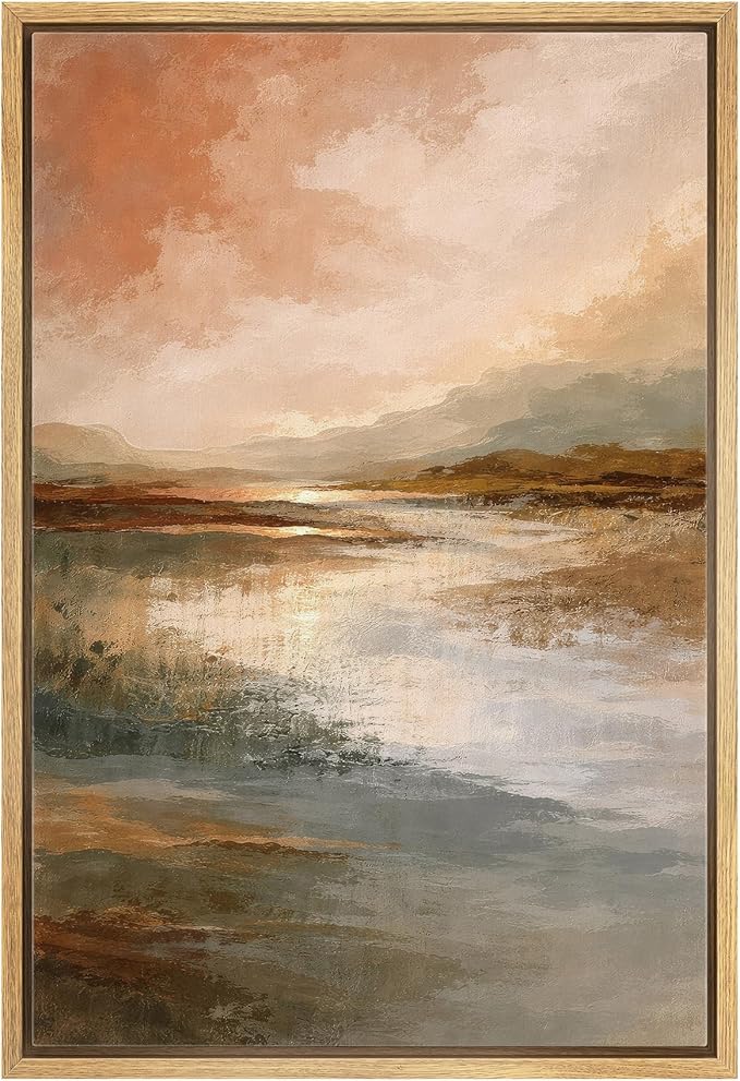 MUDECOR Framed Canvas Print Wall Art Warm Earth Tone Reflective Landscape Illustrations Minimalism Decorative Bohemian Zen for Living Room, Bedroom, Office - 24"x36" NATURAL