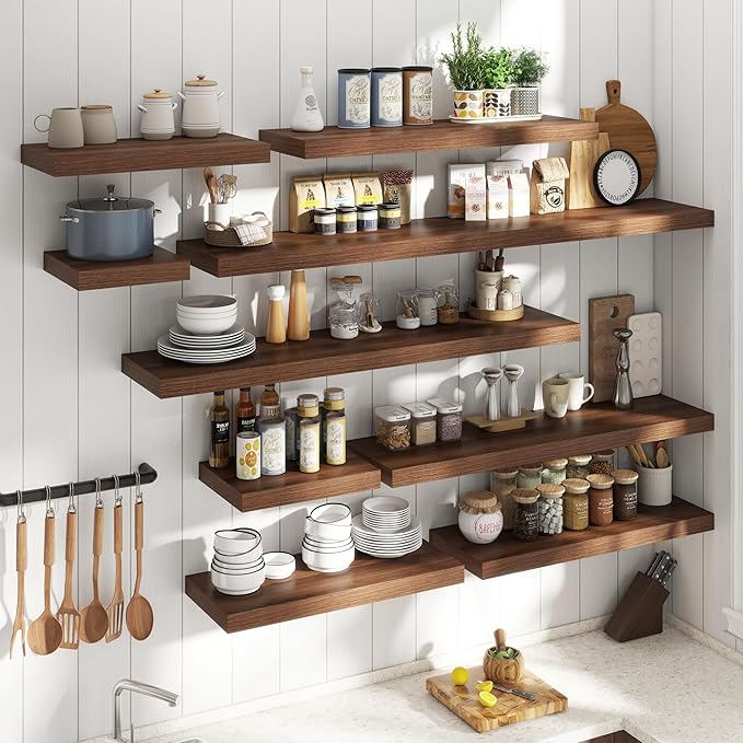 48 Inch Long Floating Shelves for Wall Set of 2, 12"D Wood Grain Bathroom Shelves with Invisible Brackets, Easy Install Engineered Wood Storage Shelves for Kitchen, Living Room, Bedroom, Walnut Finish