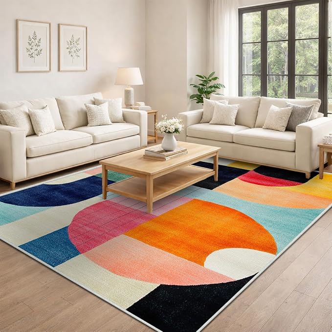 6x9 Colorful Area Rug Modern Abstract Orange Yellow Pink Blue White Beige Black Bedroom Rug Low Pile Thin Large Carpet Living Room Non Slip Dining Room Stain Resistant Office Washable Machine