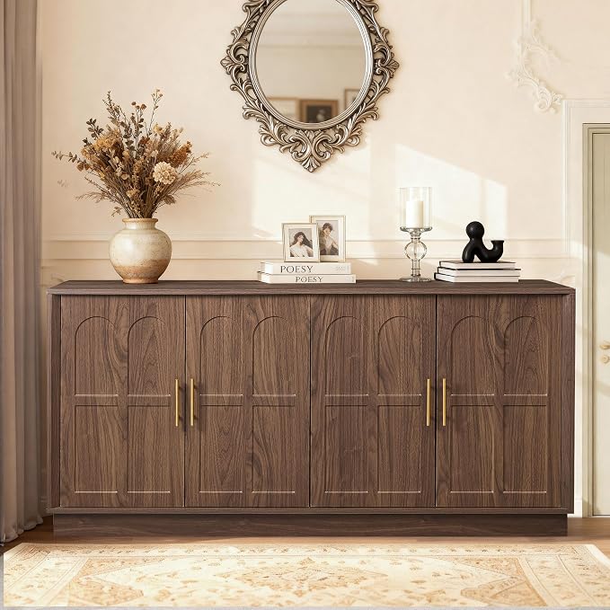 66.5" Sideboard Buffet Cabinet with Storage, Modern Credenza with Arched Doors, Large Wood Accent Cabinet for Living Room Entryway (Walnut)