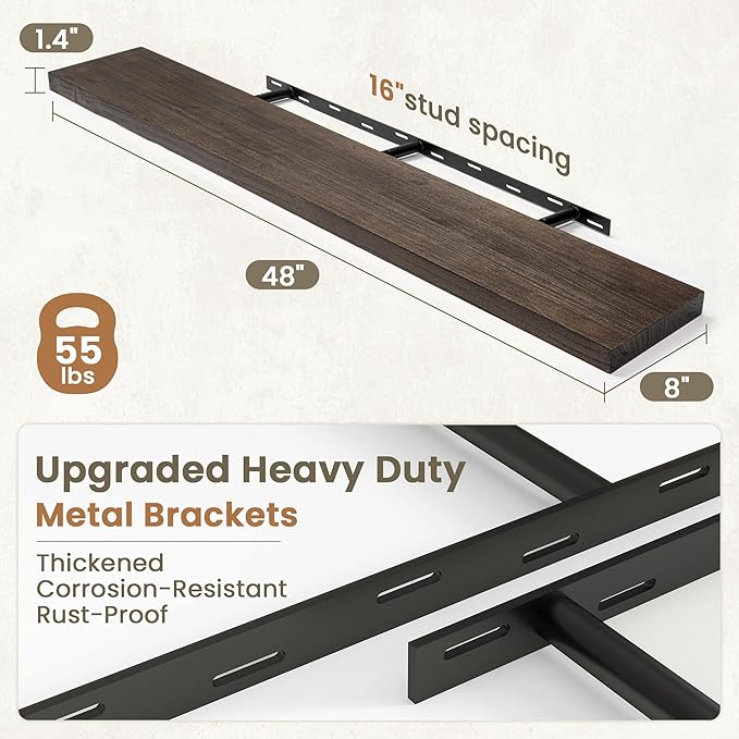 Fun Memories Solid Elm Wood Floating Shelves Set of 1-48 Inch Rustic Wall Shelves with Heavy-Duty Invisible Brackets - for Living Room, Kitchen, Bedroom, Bathroom - Walnut Finish