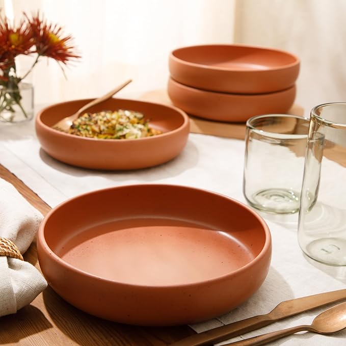 Bloomhouse - Two Time Oprah's Favorite Things Winner - Corsica Clay 4-Piece Dinner and Pasta Bowl Set – Burnt Apricot Terracotta Stoneware for Meals, Serving & Everyday Use