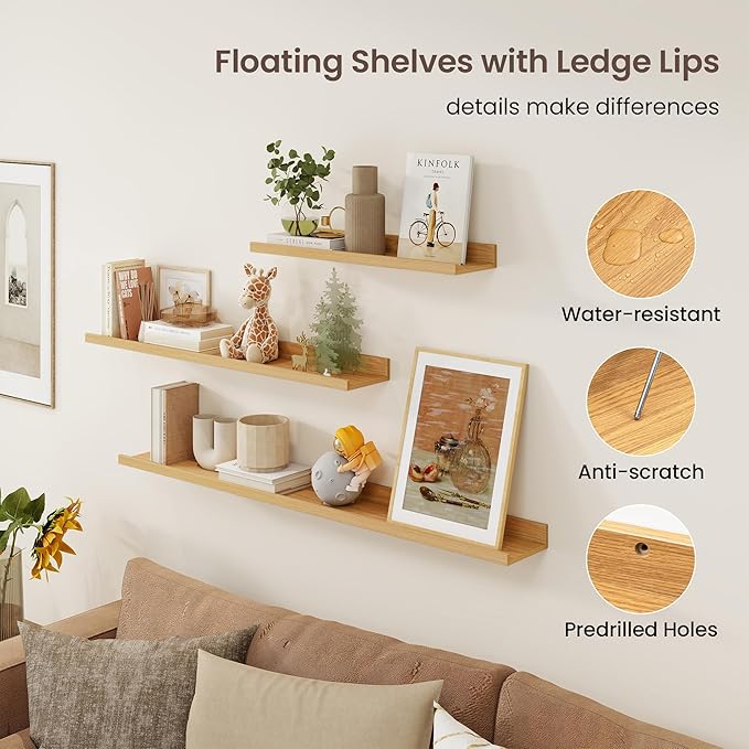 Axeman Picture Ledge Shelf | 24 Inch Oak Floating Shelves Set of 3 | Rustic Wood Wall Shelves with Lip | 24" Oak Picture Shelf for Wall with Ledge | Photo Shelves