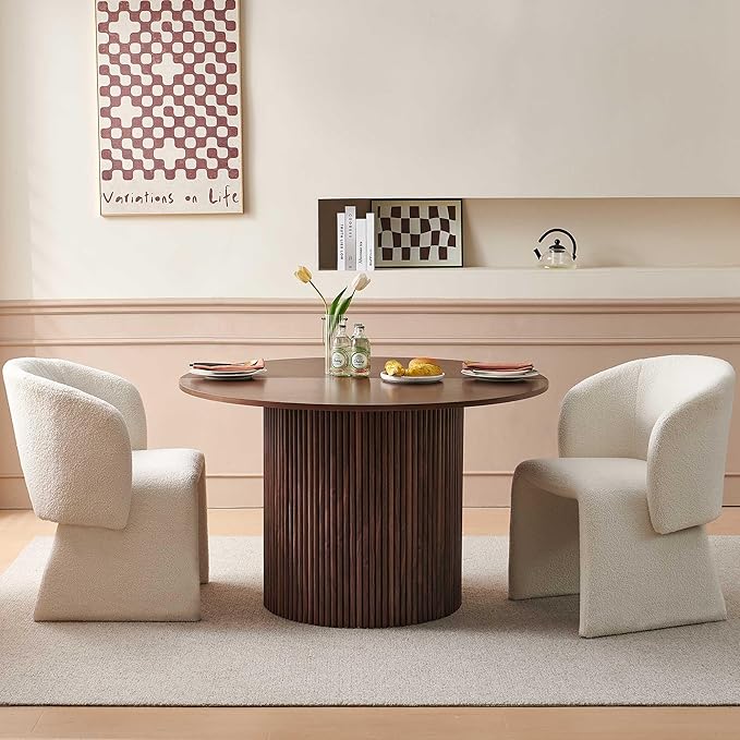 NORDICANA 3-Piece Round Dining Table Set for 2, Rustic 47-Inch Kitchen Table and Chair Set, Dining Set with Off White Upholstered Armchairs, Manufactured Wood Top with Walnut Veneer