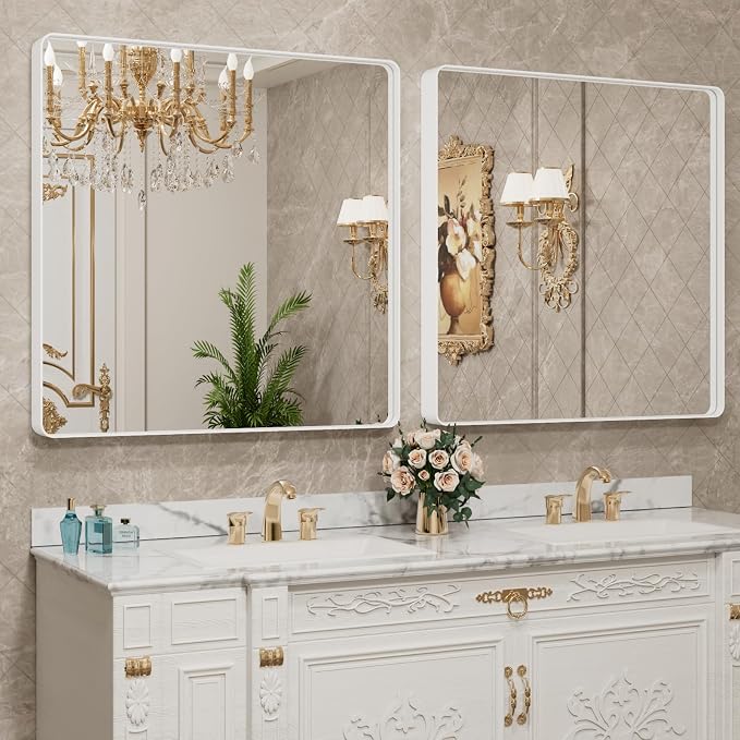 LOAAO 38x38 Inch White Metal Framed Bathroom Mirror for Wall, White Bathroom Vanity Mirror Farmhouse, Large Rounded Rectangle Mirror, Anti-Rust, Tempered Glass, Hangs Horizontally or Vertically