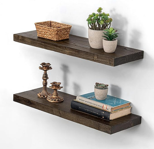 Dreamland 24 Inch Floating Shelves, Rustic Elm Wood Wall Shelf for Home Decor, 8 Inch Deep Floating Shelf for Wall, 24 x 8 Bathroom Shelves Set of 2, Walnut Color