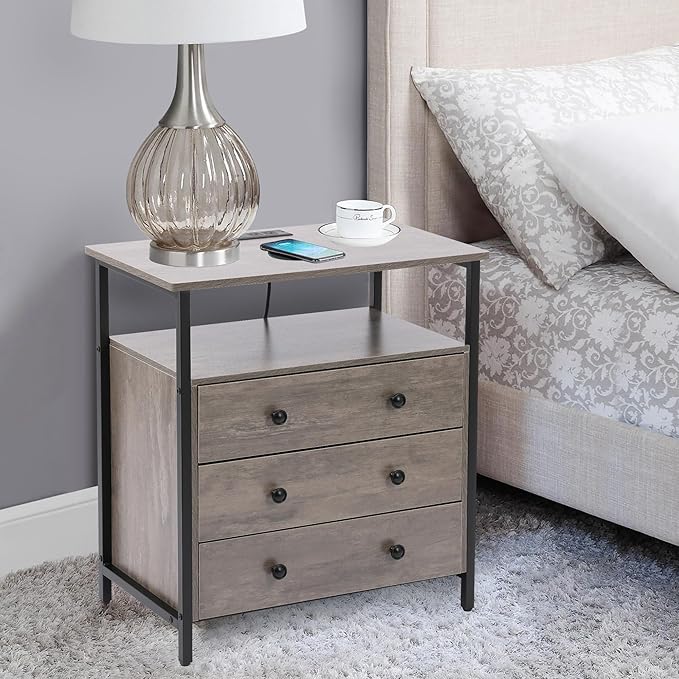 3 Wooden Drawers Nightstand, 27 Inch Wide Night Stand Set 2 with Charging Station and Adjustable Drawers, Small Dresser for Closet, Bedside Table for Living Room/Bedroom/Office, Gray.