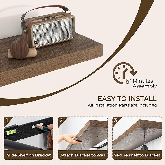 RICHFOCUS 20Inch Floating Shelves for Wall 2 Pack Shelves for Bedroom|Kitchen|Bathroom|Laundry Room Rustic Wood Wall Mounted Shelf with Invisible Brackets for Books|Storage|Decor, Walnut