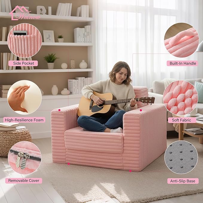 Welnow Folding Sofa Bed with Ottoman, Convertible 2-in-1 Boneless Couch Futon Lounge Chair Bed for Adults, Comfy Fold Out Sleeper Sofa for Small Spaces, Living Room, Bedroom, or Dorm, Pink