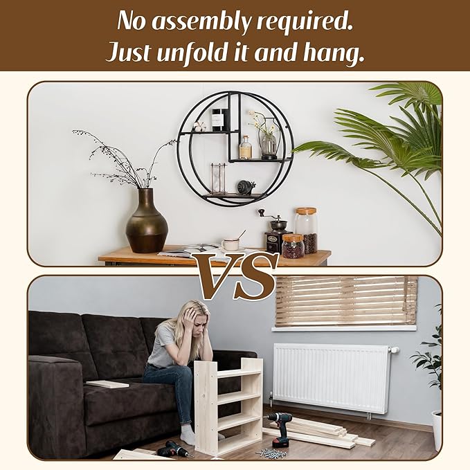Industrial Style Round Wall Shelves - 3 Tier Metal Hanging Circle Floating Shelves for Bathroom Living Room Wall Decor, 21 Inch