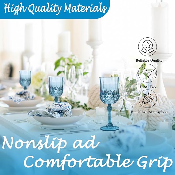 Plastic Wine Glasses, Plastic Goblets Vintage Style Cordial Drinking Glasses for Valentine’s Day, Wedding Reception, Grand Event Party Supplies (12, Dusty Blue)