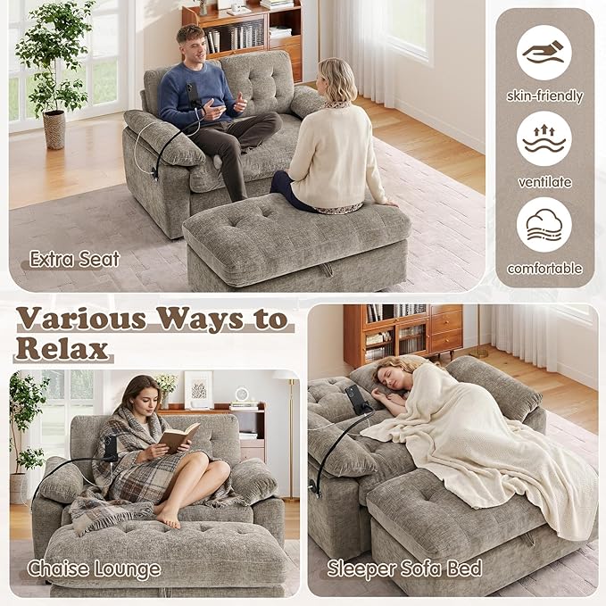 Oversized Chaise Lounge Chair Indoor with Ottoman&Adjustable Backrest,Chenille Tufted Recliner Comfy Loveseat Sofa Chair with USB&Phone Holder,Convertible Sleeper Couch Bed for Living Room(56"W,Brown)