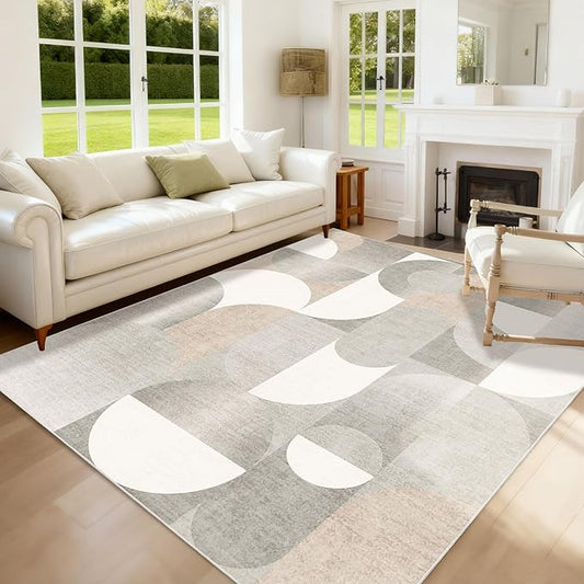 5x7 Area Rugs Grey Washable Rug for Living Room Bedroom,Large Modern Geometric Non Slip Carpet for Dining Room Farmhouse Office,Beige