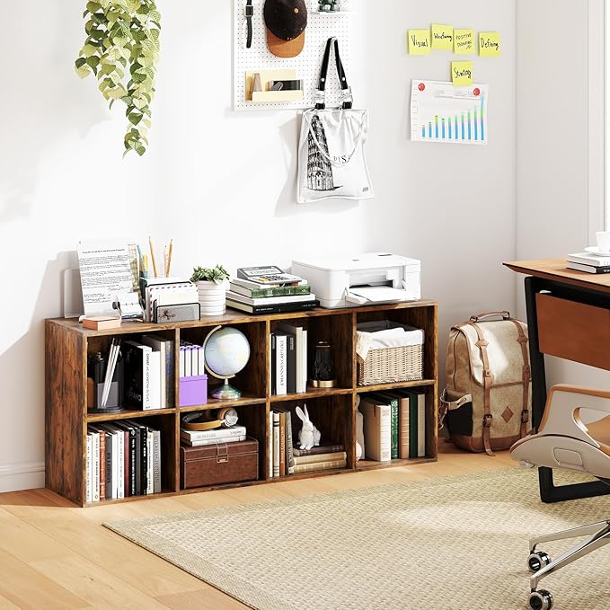 Tangkula 8-Cube Bookcase, Large Floor Standing Horizontal Bookshelf with 8 Open Shelves & 2 Anti-Tipping Kits, Home Office Wooden Storage Book Shelf for Living Room, Study (Rustic Brown, 8-Cube)