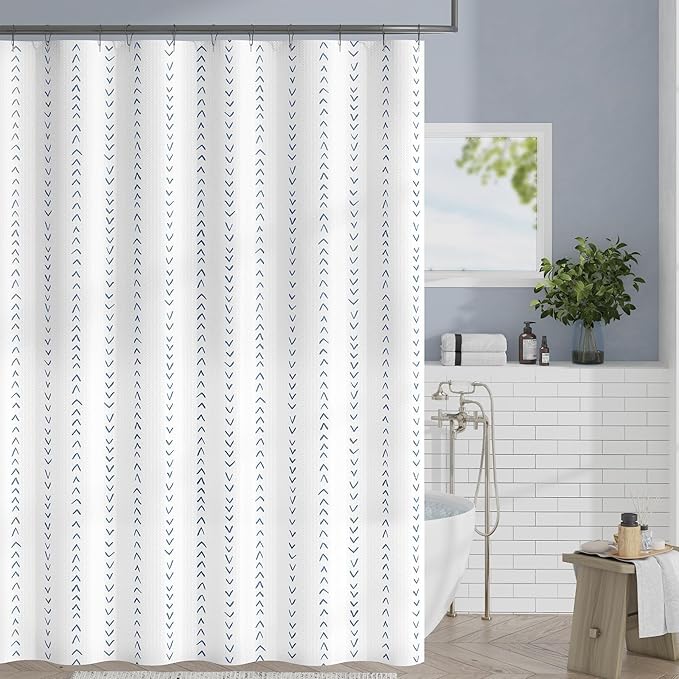jinchan Blue and White Boho Shower Curtain Herringbone Zig Zag Waterproof Fabric Bohemian Modern Farmhouse Arrow Geometric Shower Curtains for Bathroom with 12 Hooks 70x72 Inches